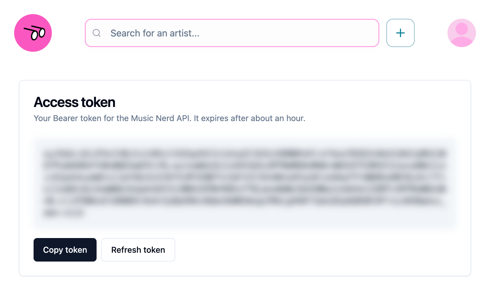 The access page at musicnerd.net/access, with Copy token and Refresh token buttons under the token